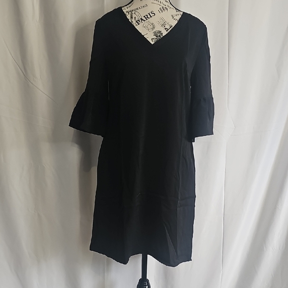 Black Midi Dress with V-Neck and Bell Sleeves - Picture 1 of 5
